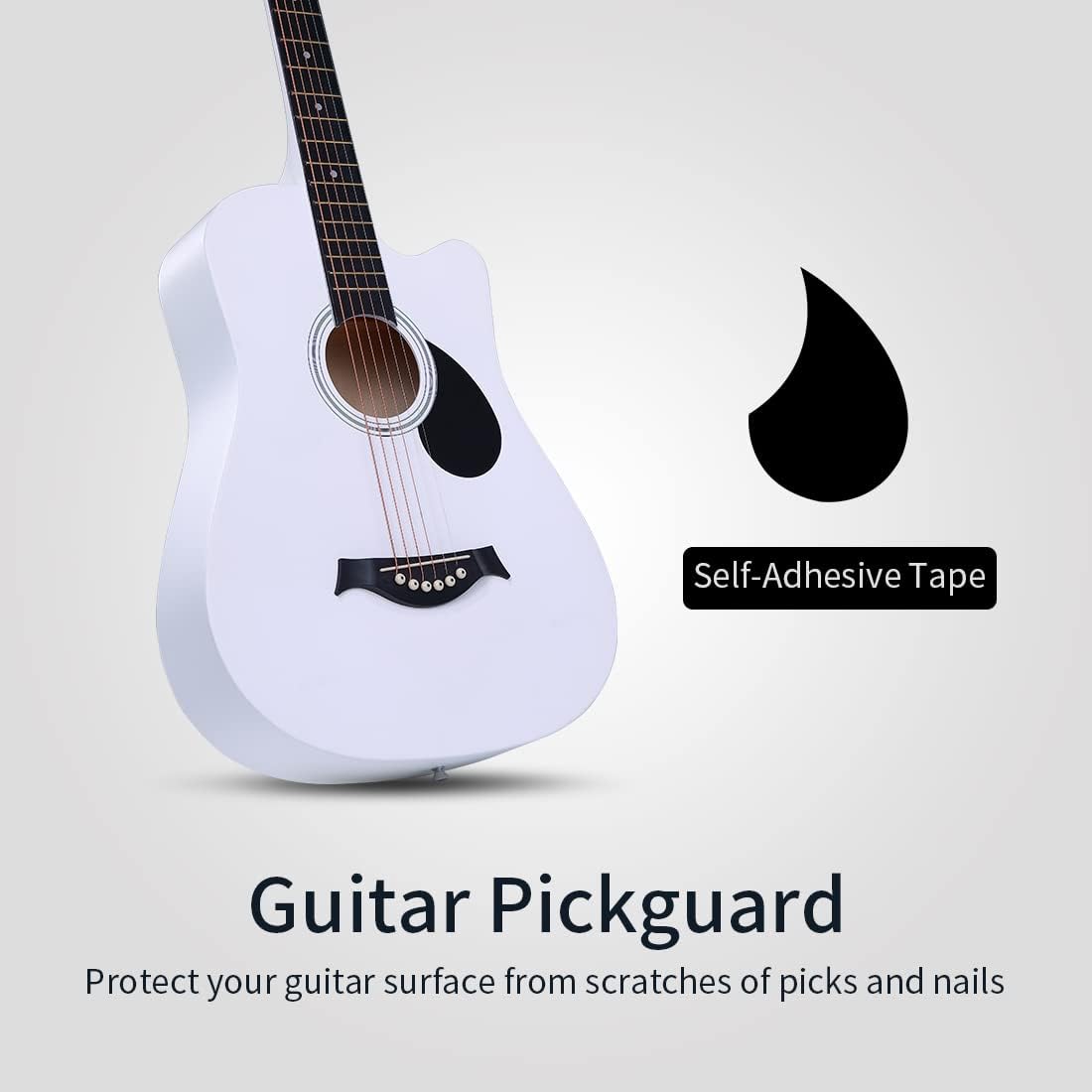 Guitarra acústica branca Lankro com pickguard preto autoadesivo para proteger a superfície