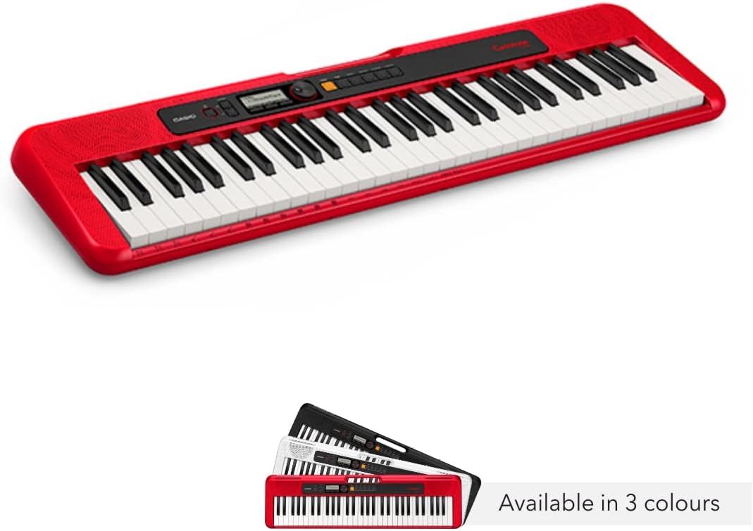 Teclado Casio CT-S200Rdc2 disponível em vermelho, branco e preto, com 61 teclas