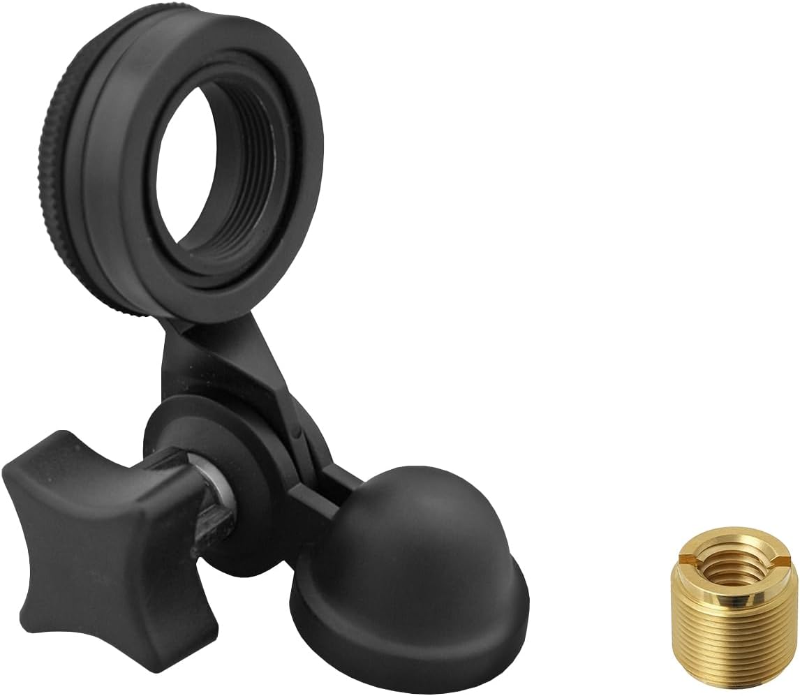 Suporte de microfone preto Audio-Technica com parafuso de ajuste e adaptador de rosca dourado