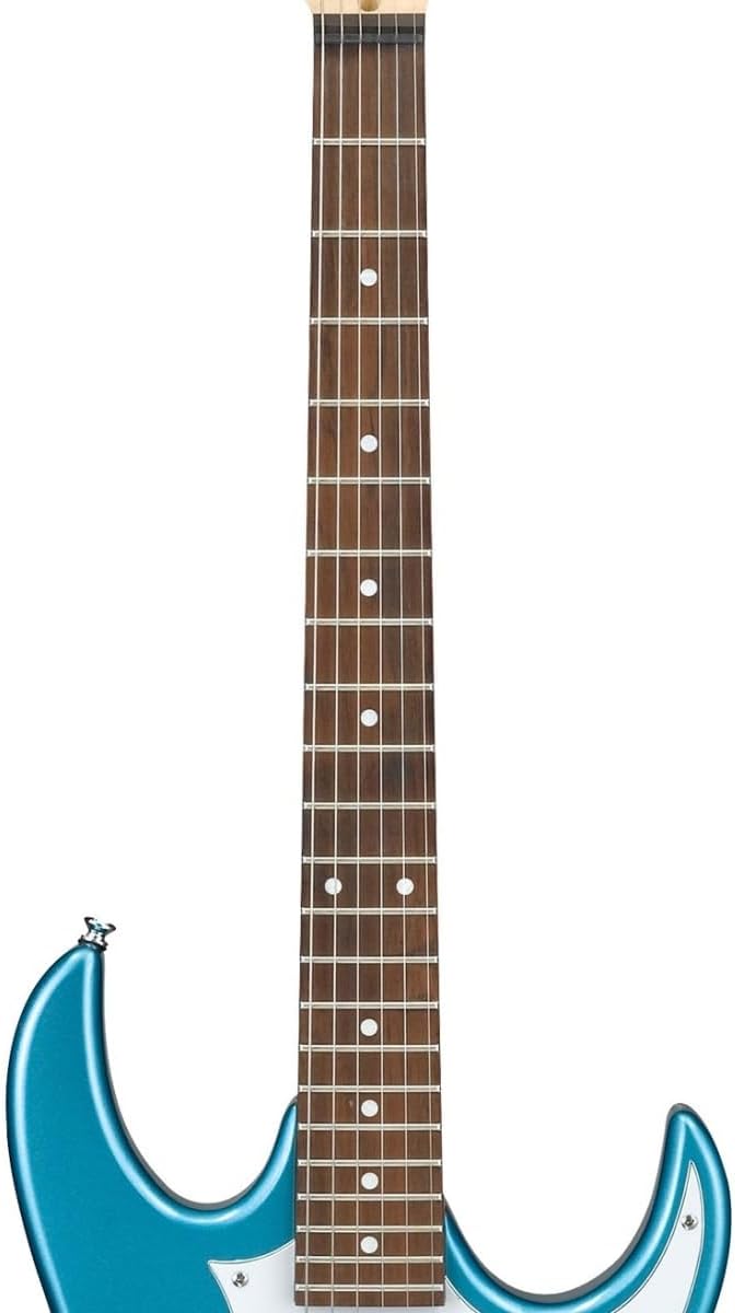 Braço e parte do corpo da guitarra elétrica Ibanez Gio GRX40 azul metálico claro com escala escura.