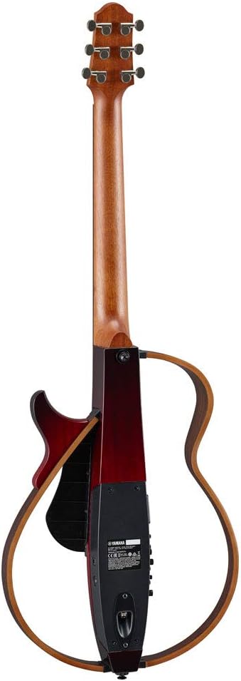 Parte traseira do violão Yamaha SLG200S Silent com painel eletrônico e acabamento Crimson Red Burst