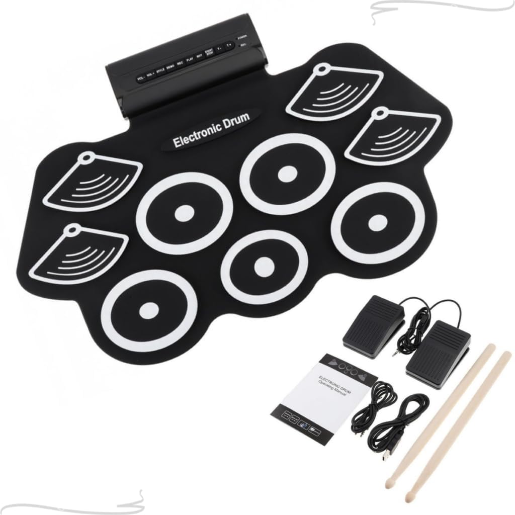 Bateria eletrônica portátil preta com 9 pads de silicone e acessórios como pedais, cabos, adaptador e baquetas.