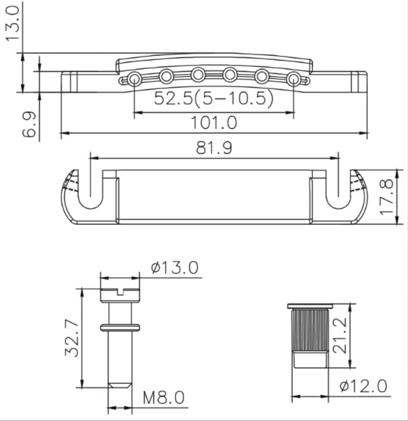 Desenho técnico com medidas detalhadas da ponte Guyker Tune-O-Matic preta para guitarra