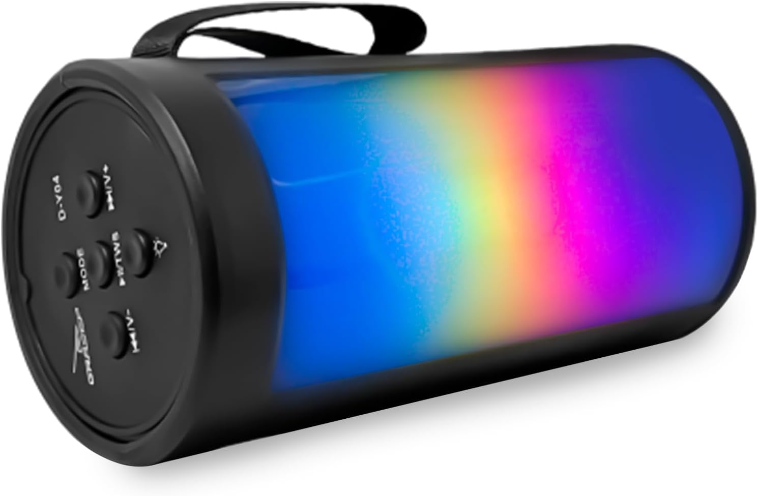 Caixa de som portátil Genérico D-Y04 com luz LED RGB multicolorida azul, amarelo e rosa e alça para transporte.