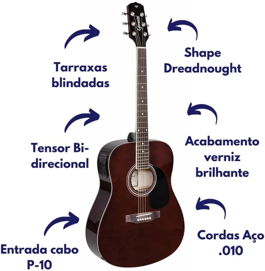 Atributos do violão Giannini GD-1 EQ TWD Darkwine com tarraxas blindadas, tensor bidirecional e acabamento brilhante
