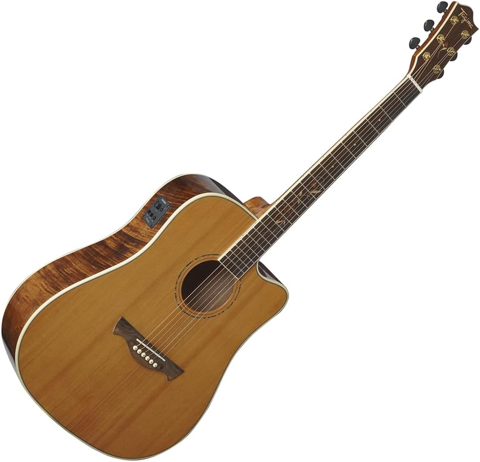 Violão eletroacústico Tagima FS-200 Dreadnought cutaway visto de lado com acabamento natural e cordas de aço