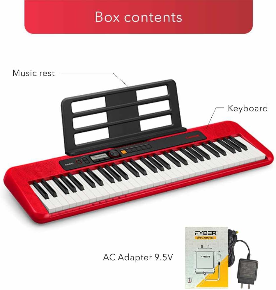 Conteúdo da caixa do teclado Casio CT-S200Rdc2 vermelho: teclado, suporte para partituras e adaptador AC 9.5V
