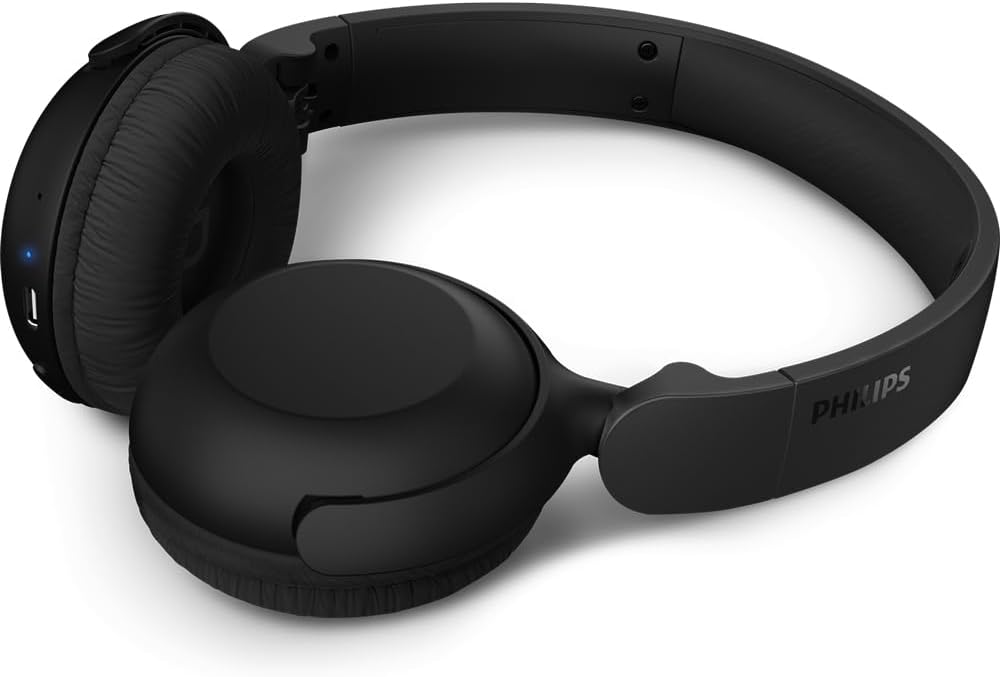 Fone Philips TAH2209 com botões de controle, USB para carregamento e LED indicador azul