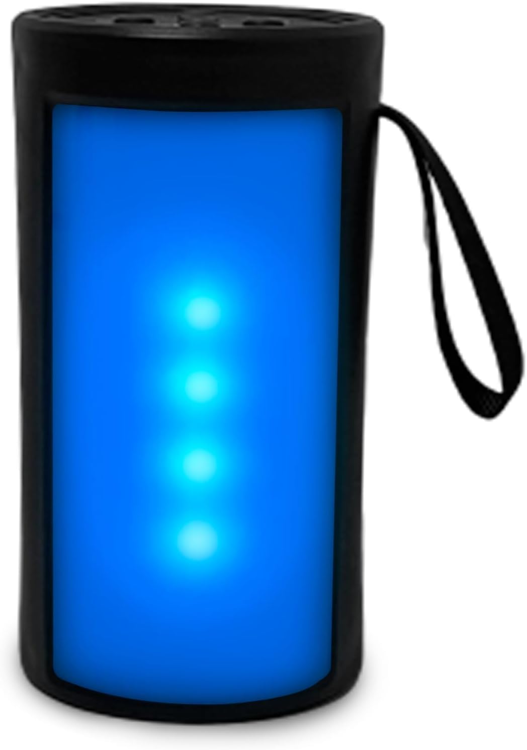 Caixa de som Bluetooth portátil Genérico D-Y04 iluminada em azul com alça para transporte e luzes LED verticais.
