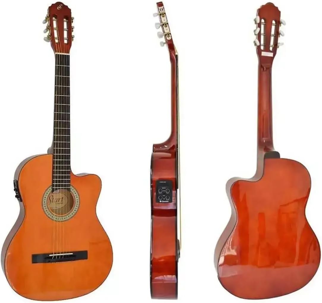 Violão eletroacústico Giannini SF14 CEQ N NAT em três ângulos: frente, lateral com equalizador e traseira.