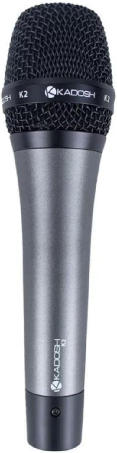 Microfone dinâmico Kadosh K-2 para vocal com corpo metálico cinza e malha preta.