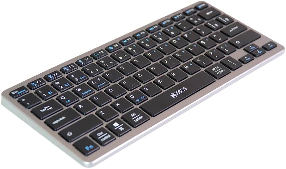 Teclado Hrebos Bluetooth ABNT2 visto em ângulo, destacando as teclas e o design ergonômico.
