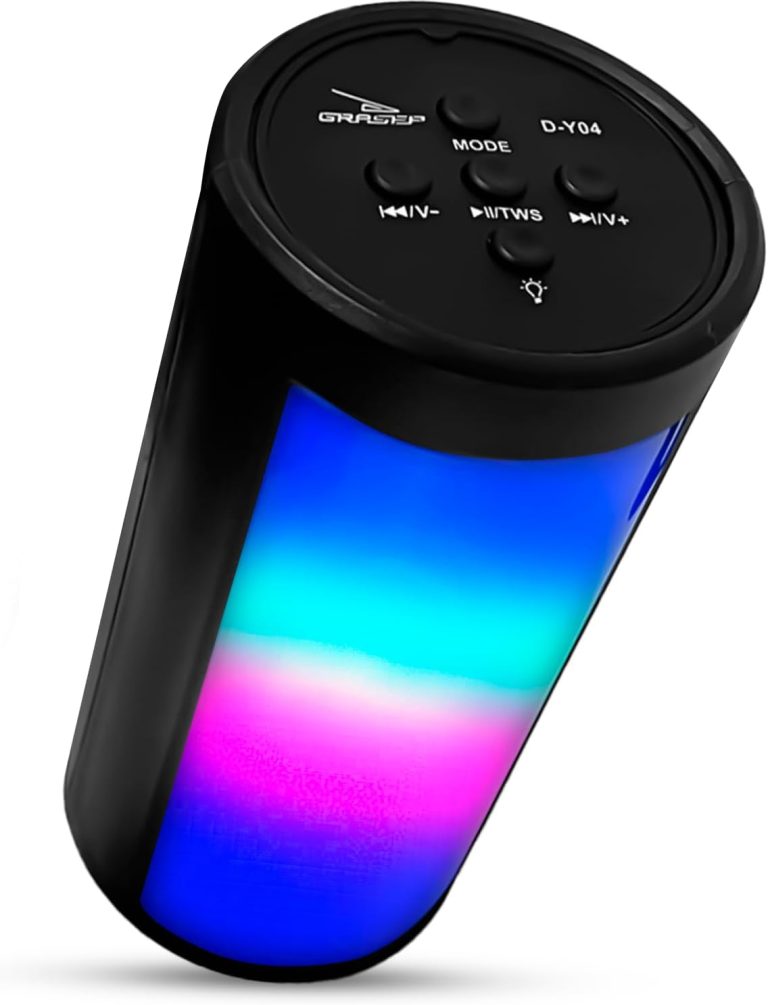 Caixa de som Bluetooth portátil Genérico D-Y04 com botões de controle e luz LED RGB colorida azul, rosa e verde.