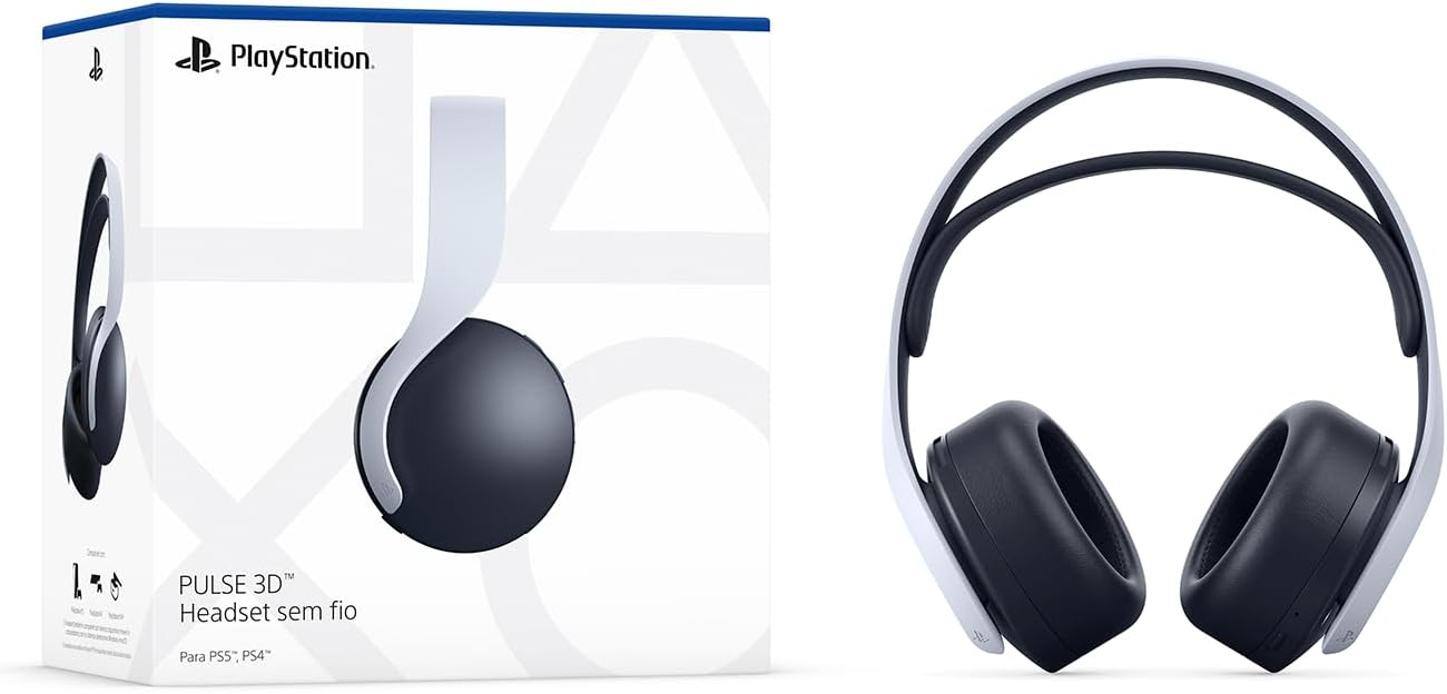 Embalagem PlayStation Pulse 3D Headset sem fio para PS5, ao lado do fone preto e branco.