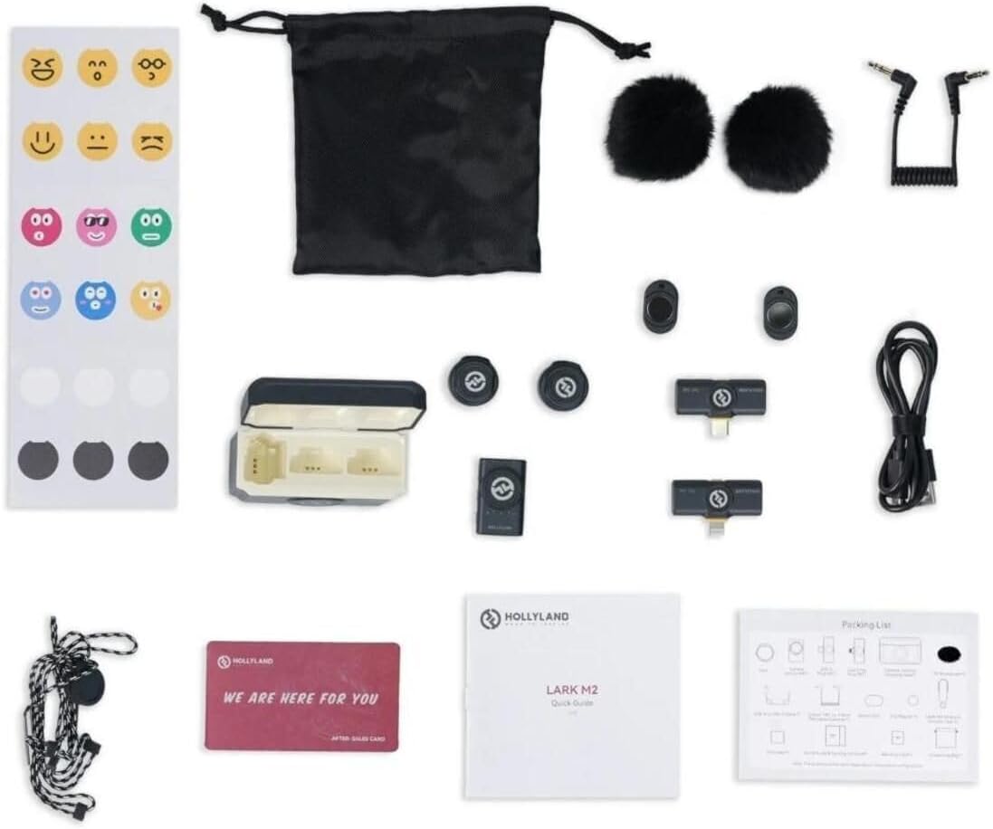 Acessórios completos do sistema microfone lapela Hollyland Lark M2 incluindo bolsa, protetor de vento, cabos, adesivos e manuais
