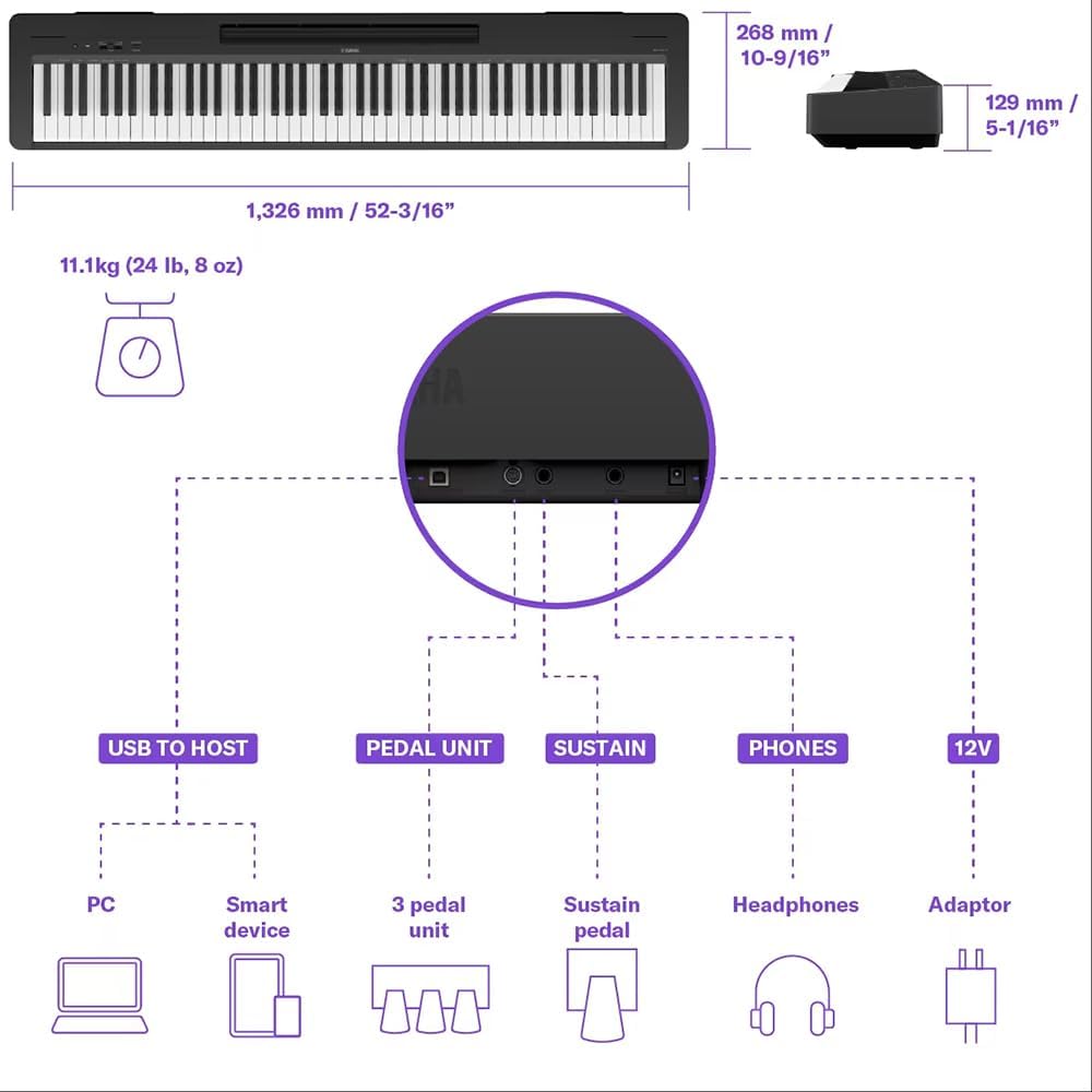 Dimensões e conexões do piano digital Yamaha P-145B com especificações técnicas