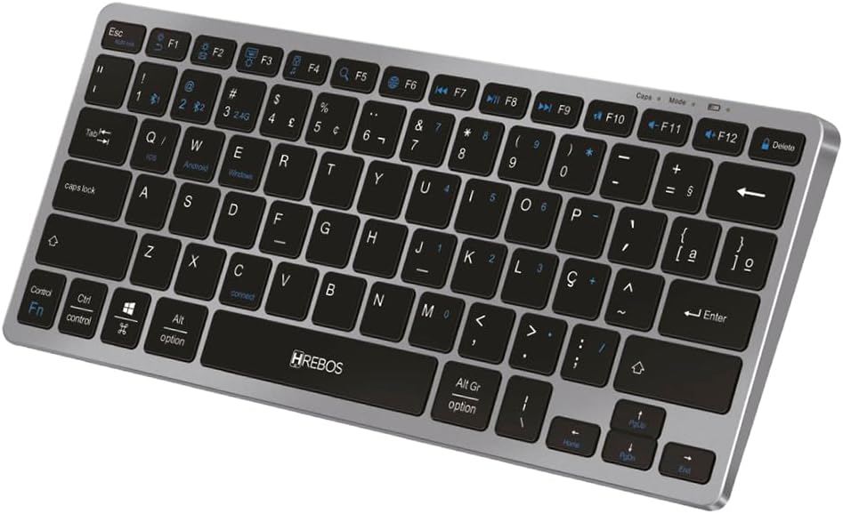 Teclado Bluetooth sem fio Hrebos compacto e ergonômico com teclas pretas e corpo prateado