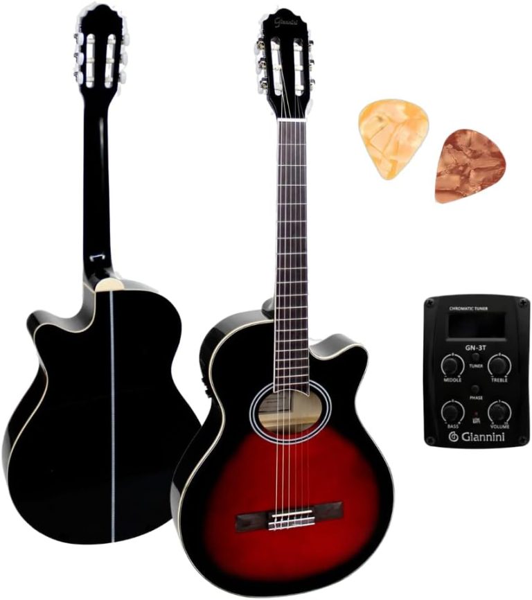 Violão elétrico nylon Giannini GNF-1D CEQ BK PT Mini-Jumbo Cutaway preto com pré-amplificador e palhetas.