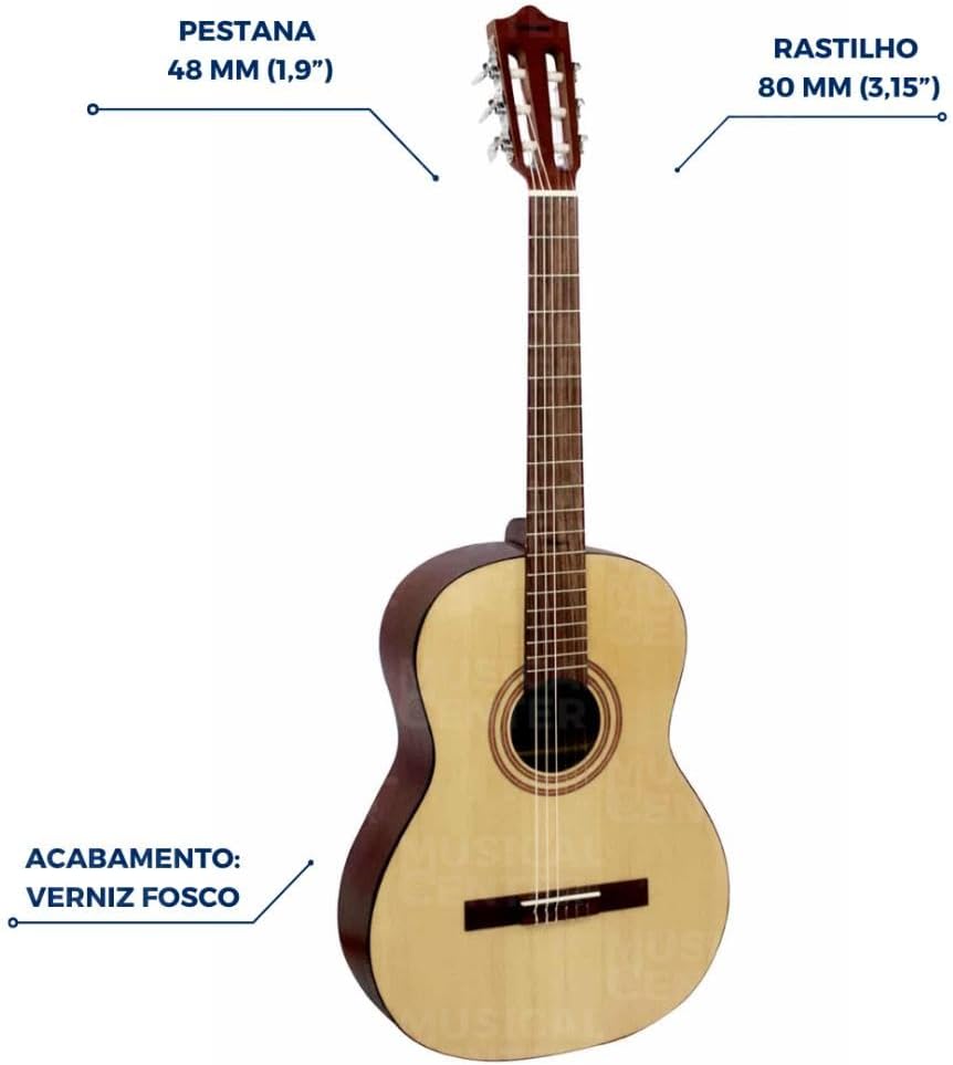 Detalhes do violão Giannini Trovador NTR1 com pestana 48mm, rastilho 80mm e verniz fosco