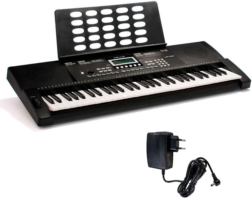 Teclado arranjador Revas KB-330 com 61 teclas, falantes embutidos e carregador.