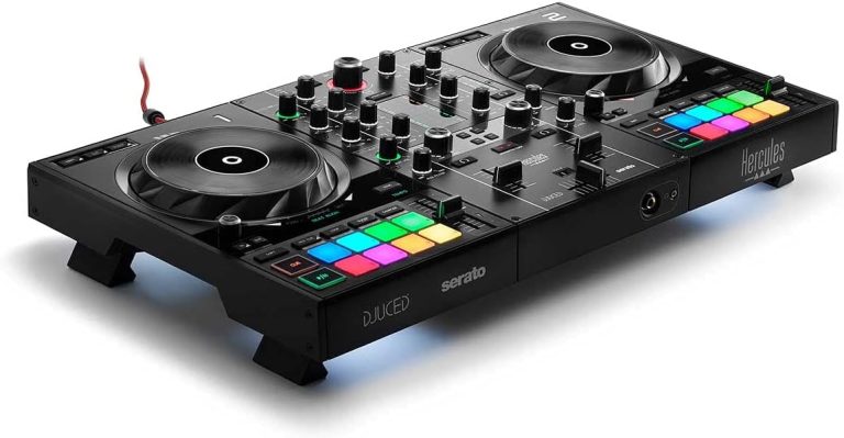 Hercules DJ Control Inpulse 500 controlador DJ USB com 2 decks e pads RGB coloridos, preto.