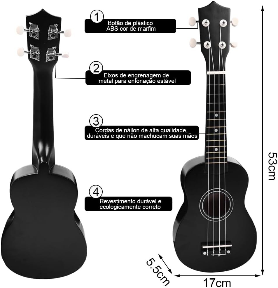 Detalhes técnicos do ukulele soprano preto 21 polegadas com botões ABS, eixos metálicos, cordas de náilon e revestimento ecológico.