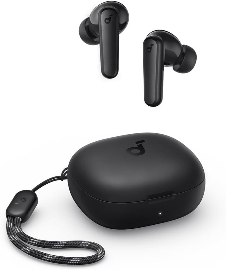 Fones de ouvido sem fio Soundcore P20i pretos com estojo de carregamento e alça de transporte.