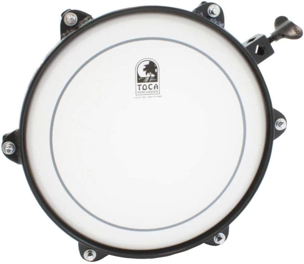 Tambor adicional frontal branco da bateria portátil Toca Kickboxx com aro preto e logo Toca Percussion