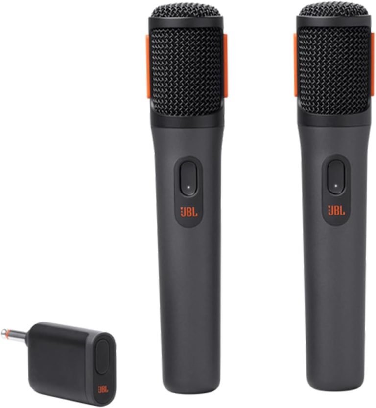 Par de microfones sem fio JBL PartyBox preto com receptor compacto para som nítido e captação cardióide.