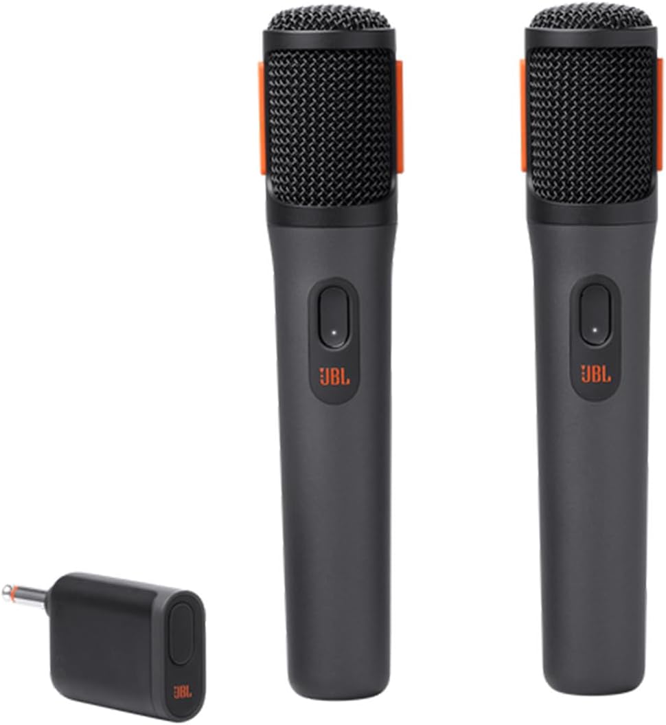 Par de microfones sem fio JBL PartyBox preto com receptor compacto para som nítido e captação cardióide.