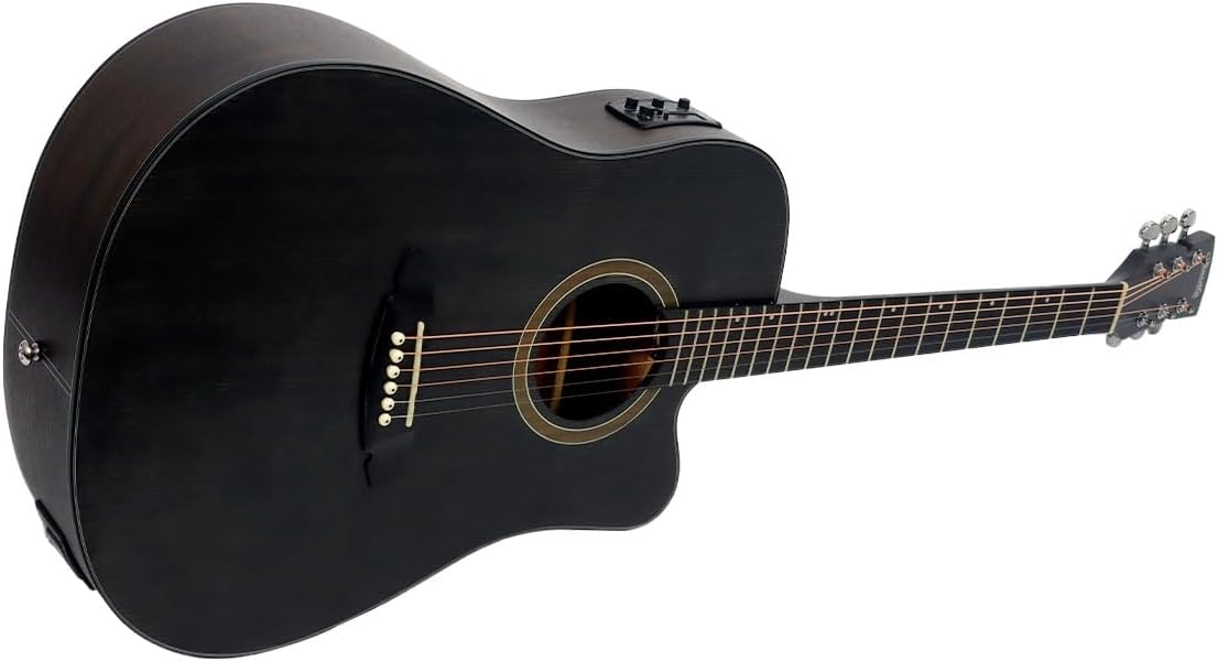 Violão elétrico folk Tonante Ametista ACTNAB1954 preto fosco com equalizador 3 bandas visto de lado horizontal