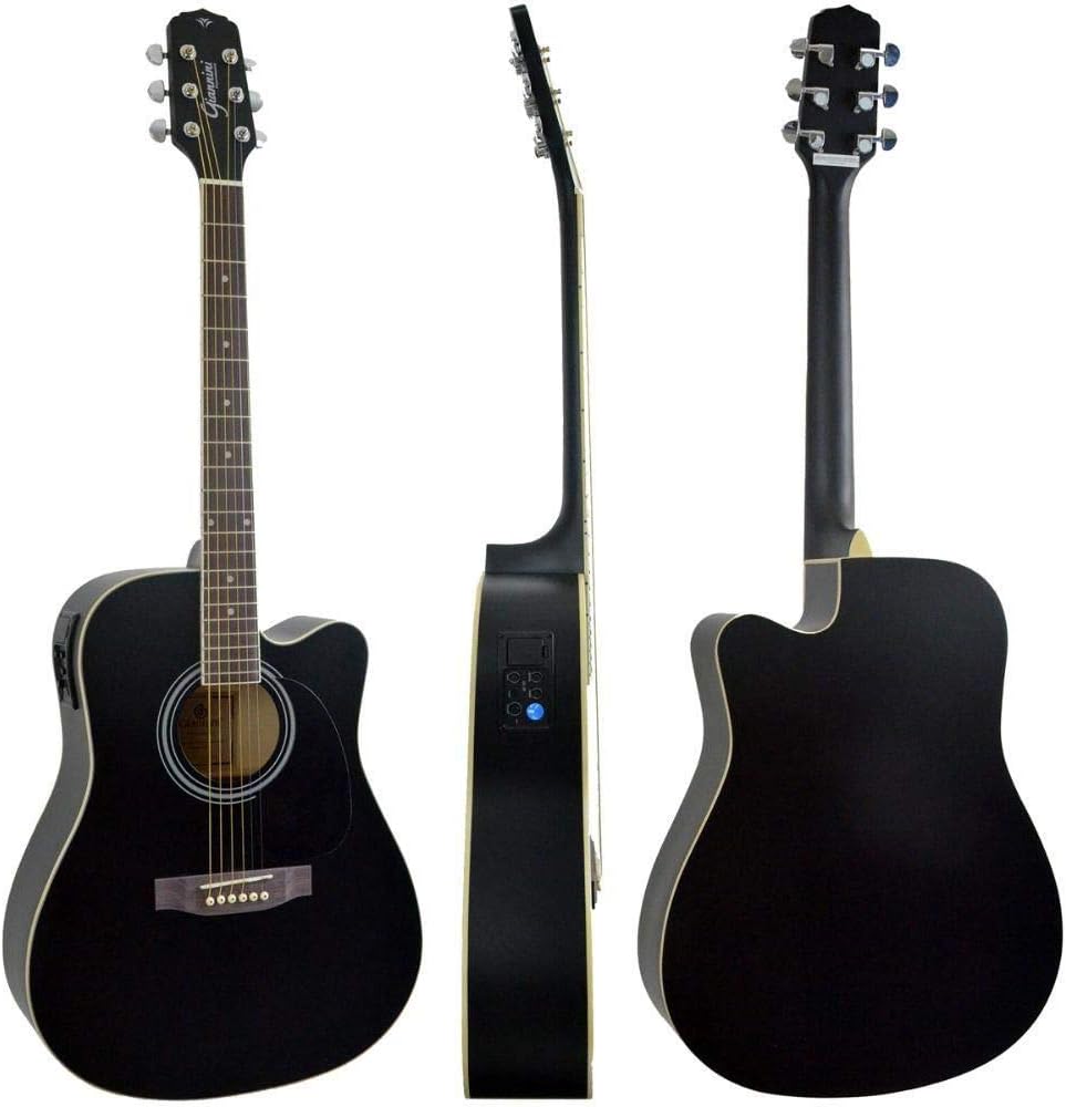 Violão Giannini GDC-1 CEQ preto satin ângulos frontal, lateral e traseiro mostrando equalizador