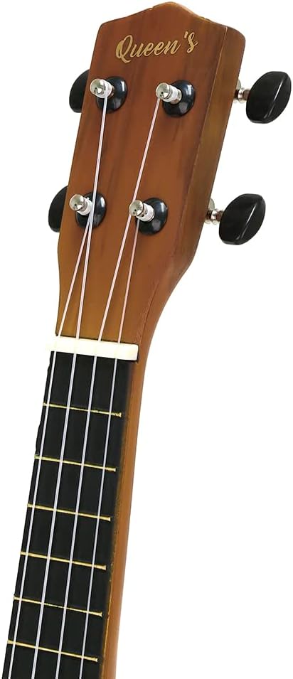 Cabeça do ukulele Queen's soprano 21 polegadas em madeira marrom com cordas de nylon.
