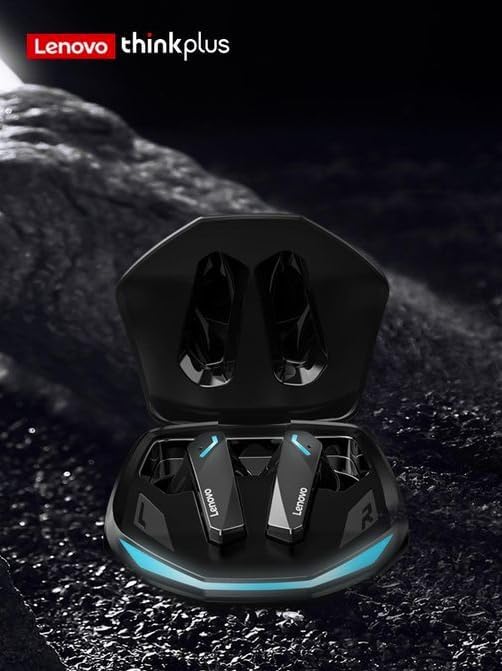 Lenovo GM2 Pro fones gamer sem fio dentro do estojo com iluminação azul em fundo escuro, marca Lenovo thinkplus