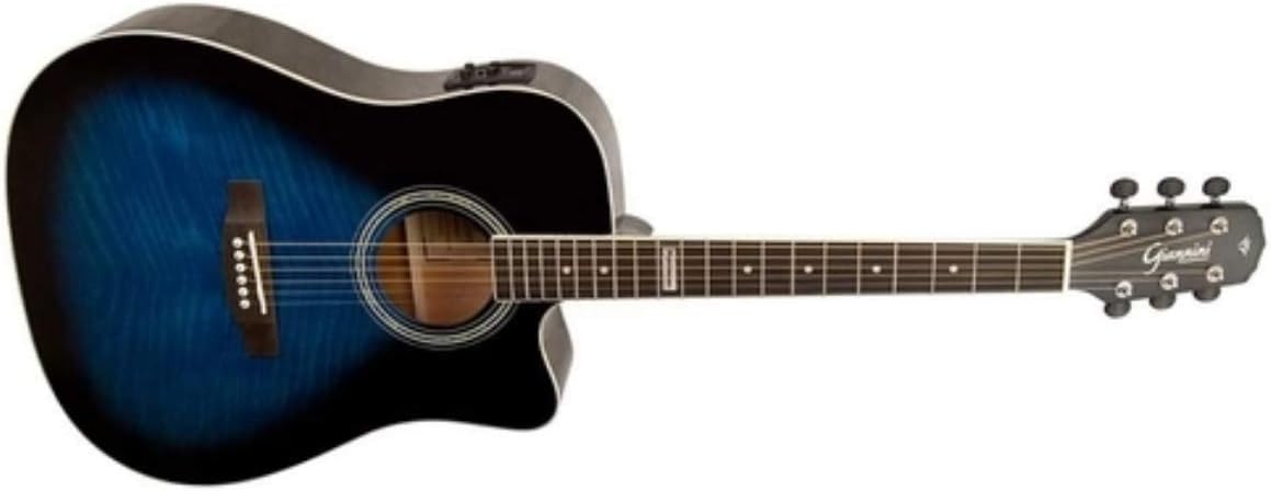 Violão eletroacústico Giannini Dreadnought azul Dark Blue Burst visto lateralmente com cutaway.