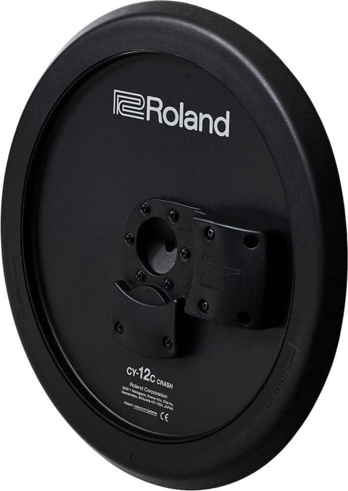 Parte traseira do prato crash Roland CY-12C preto com suporte e logo da marca