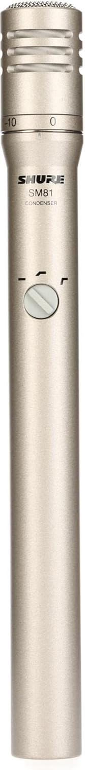 Microfone condensador Shure SM81 com acabamento prateado fosco e ajuste de ganho