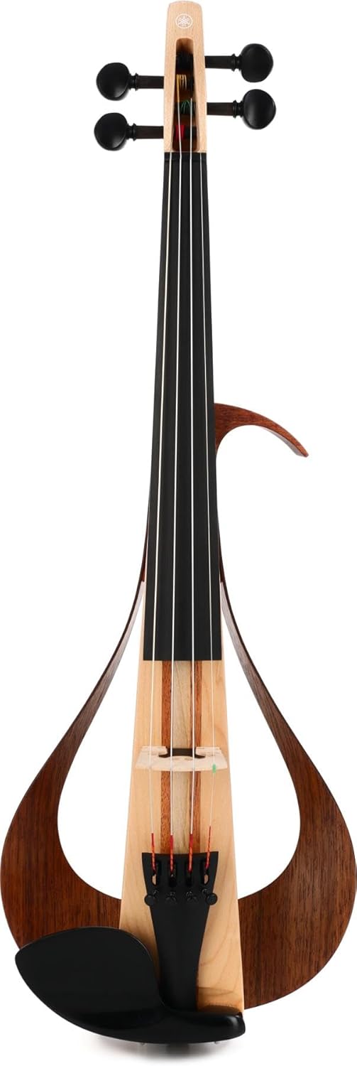 Violino elétrico Yamaha YEV104NT natural em madeira clara com design moderno e leve com quatro cordas.