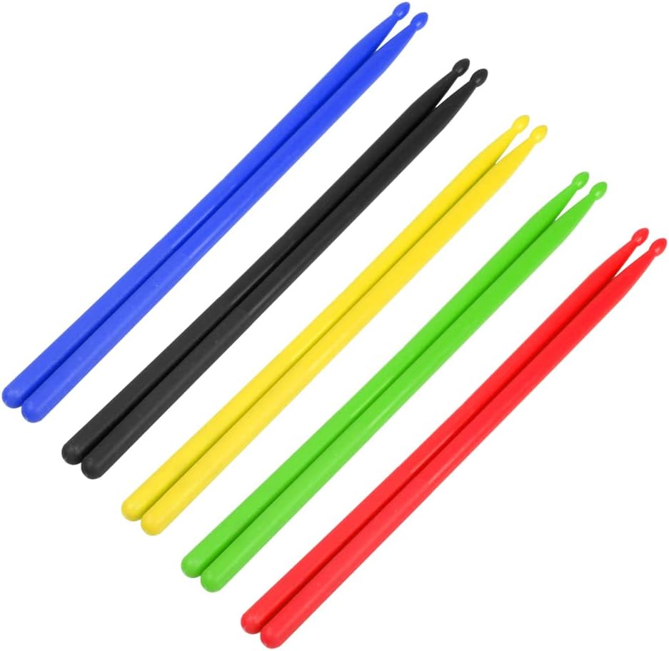 Cinco pares de baquetas de bateria OriGlam 5A coloridas com ponta de nylon