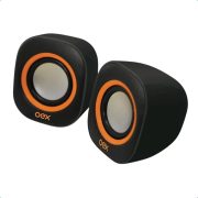 Caixas de som para PC OEX SK100 Round pretas com detalhes laranja e controle de volume.