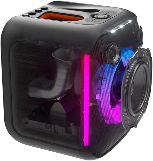 JBL PartyBox Encore caixa de som Bluetooth preta com interior transparente e iluminação LED colorida