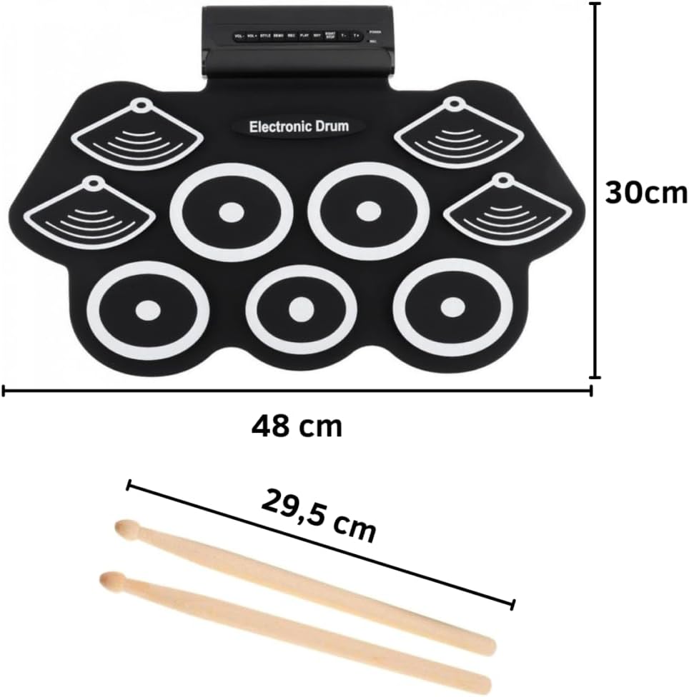 Dimensões da bateria eletrônica portátil Skyfy Shop e das baquetas em madeira.