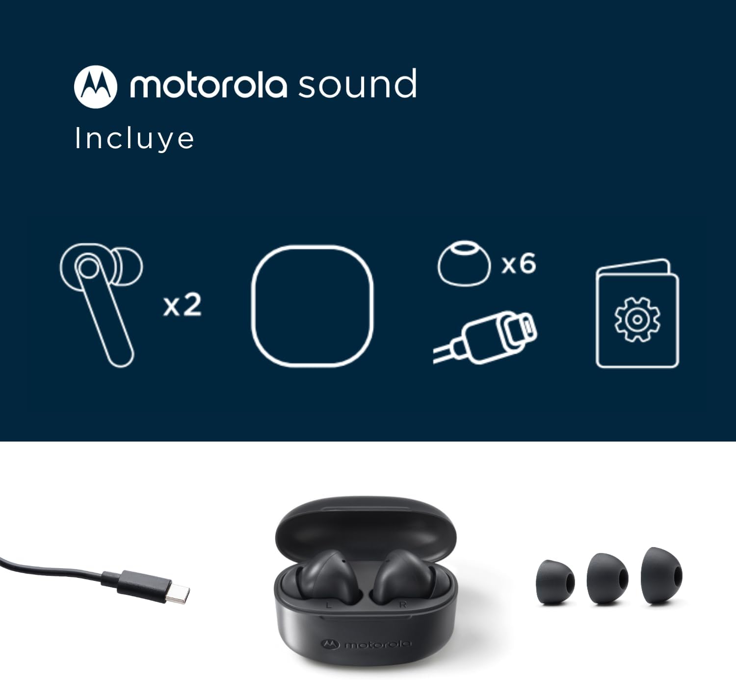 Acessórios inclusos Motorola Moto Buds 065 com estojo, ponteiras, cabo USB-C e manual