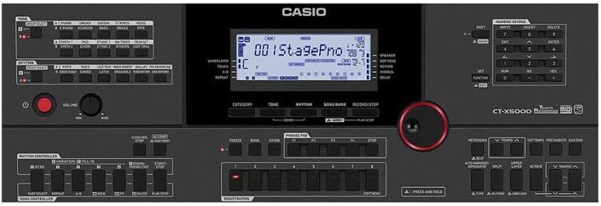 Painel de controle do teclado Casio CT-X5000 com display LCD e múltiplos botões de função.