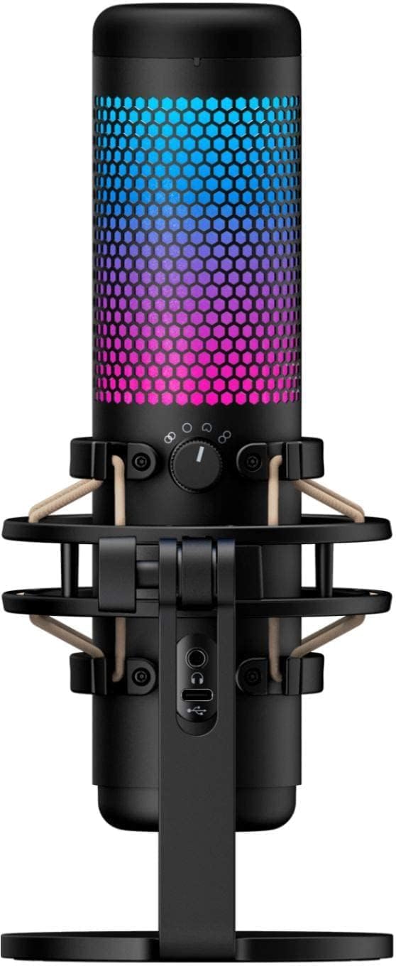 Microfone HyperX QuadCast S com iluminação RGB, controle de polaridade e suporte antivibração.