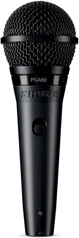 Microfone de mão dinâmico preto Shure PGA58-XLR com botão liga/desliga para vocais