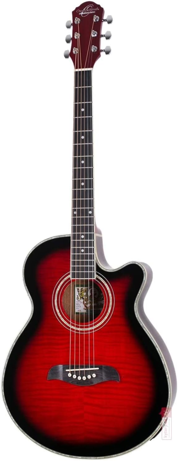 Violão acústico-elétrico Oscar Schmidt OG10CE vermelho flame transparente com cutaway e braço escuro.