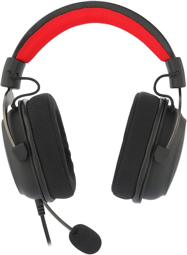 Headset Redragon Zeus X H510-RGB visto de cima mostrando almofadas acolchoadas, arco vermelho e microfone flexível com espuma protetora.