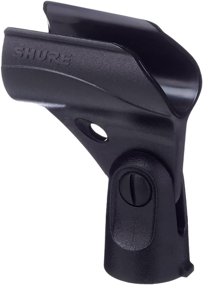 Clipe preto Shure A25D para microfones, acessório durável com ajuste de parafuso.