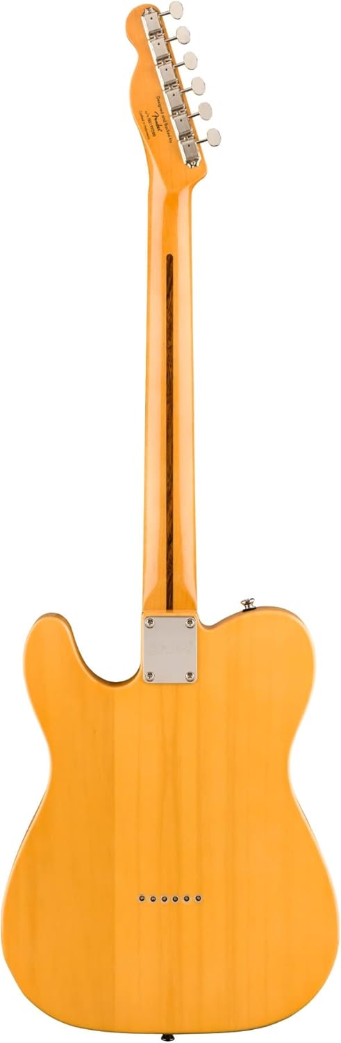 Parte traseira da guitarra Squier Classic Vibe '50s amarelo com braço maple e tarraxas cromadas.